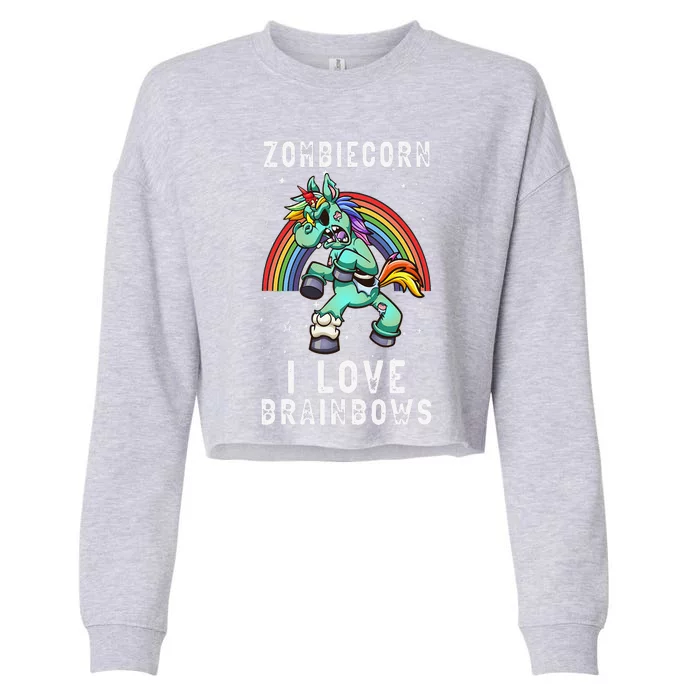 Zombiecorn I Love Brainbows Funny Halloween Goth Unicorn Cropped Pullover Crew