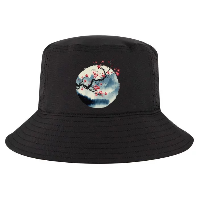 Zen Mountains Cherry Blossom Flowers Japanese Woodblock Art Cool Comfort Performance Bucket Hat