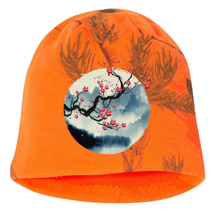 Zen Mountains Cherry Blossom Flowers Japanese Woodblock Art Kati - Camo Knit Beanie