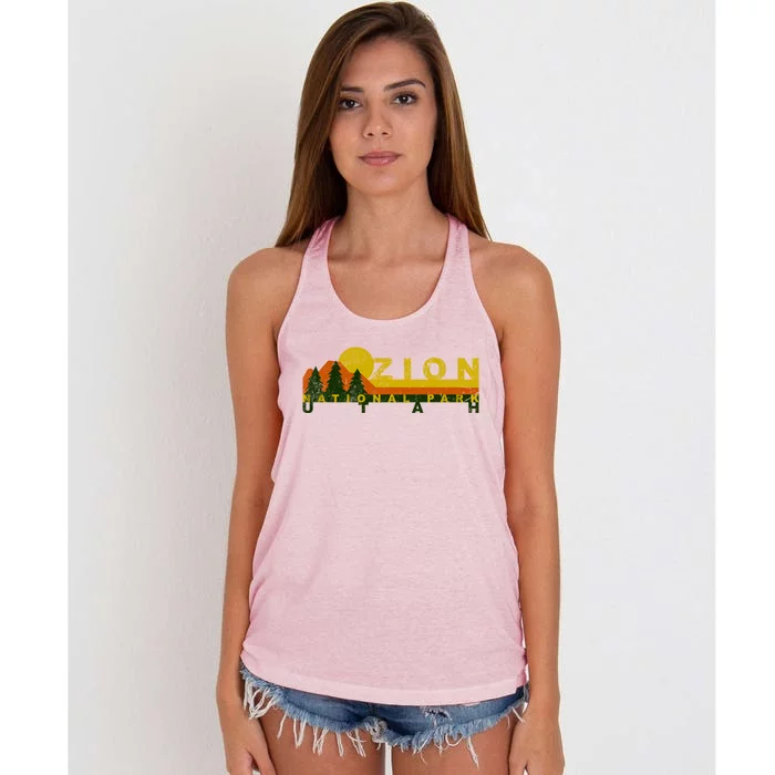 Zion National Park Sunny Mountain Treeline Gift Women's Knotted Racerback Tank