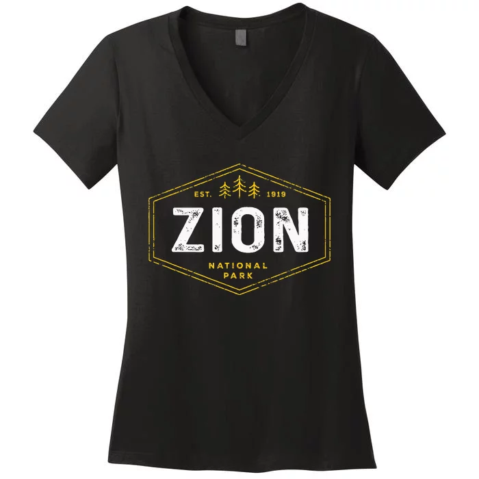 Zion National Park Vintage Utah Hexagon Badge Hiking Women's V-Neck T-Shirt