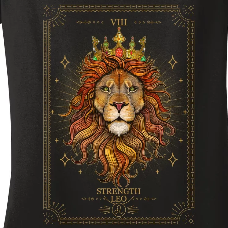 Zodiac Leo Lion Tarot Card VIII Strength Women's V-Neck T-Shirt