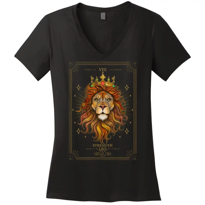 Zodiac Leo Lion Tarot Card VIII Strength Women's V-Neck T-Shirt