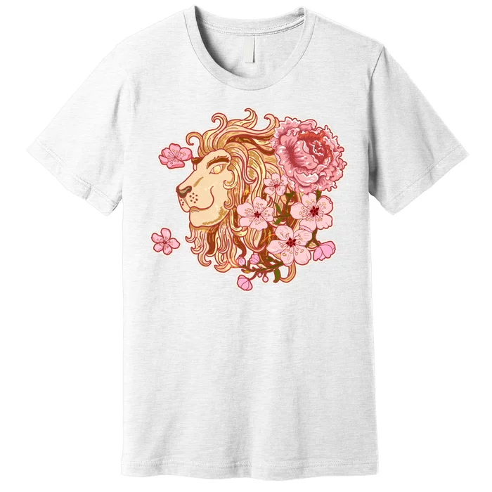 Zodiac Leo Lion with Japanese Cherry Blossoms Premium T-Shirt