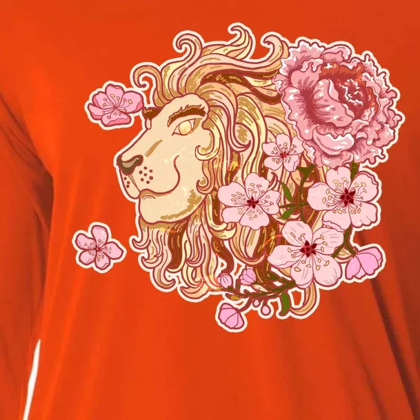 Zodiac Leo Lion with Japanese Cherry Blossoms Cooling Performance Long Sleeve Crew