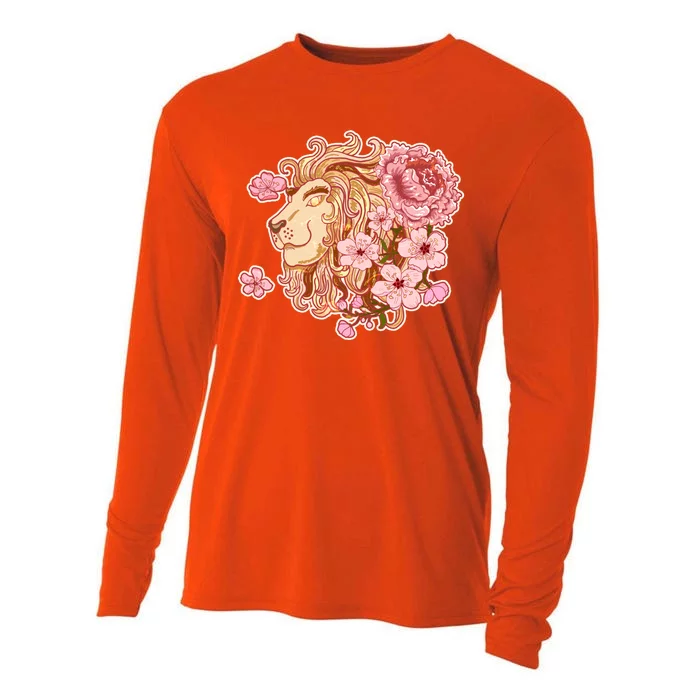 Zodiac Leo Lion with Japanese Cherry Blossoms Cooling Performance Long Sleeve Crew