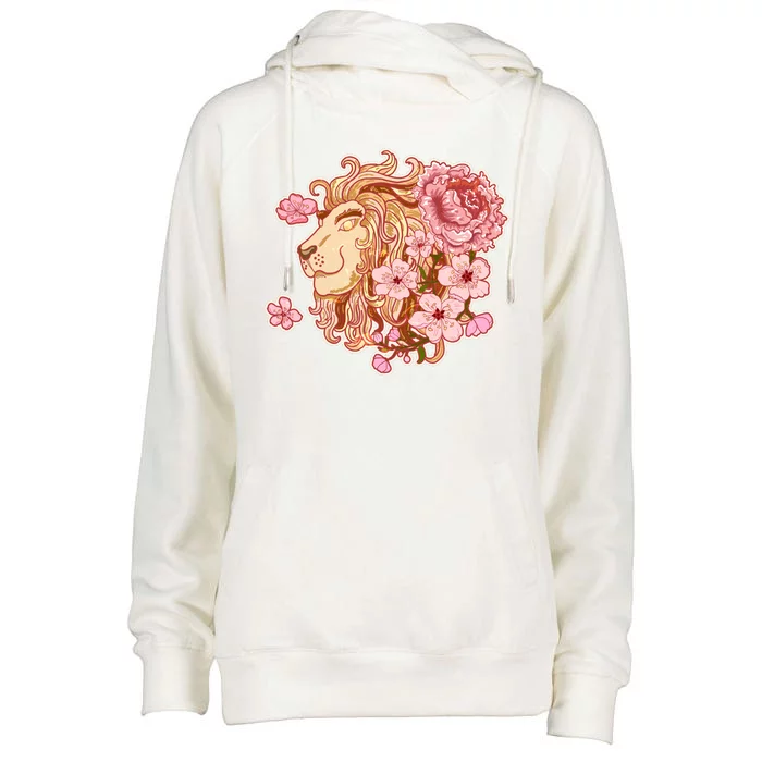 Zodiac Leo Lion with Japanese Cherry Blossoms Womens Funnel Neck Pullover Hood