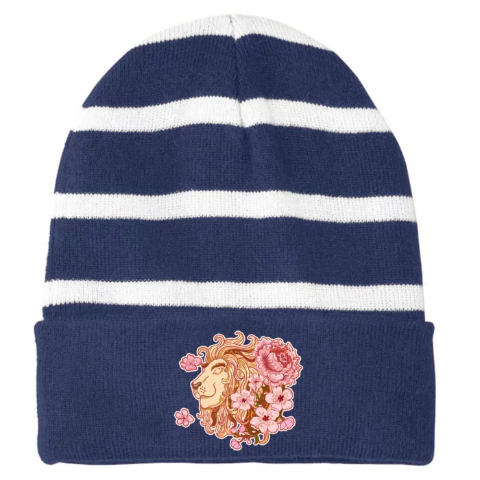 Zodiac Leo Lion with Japanese Cherry Blossoms Striped Beanie with Solid Band