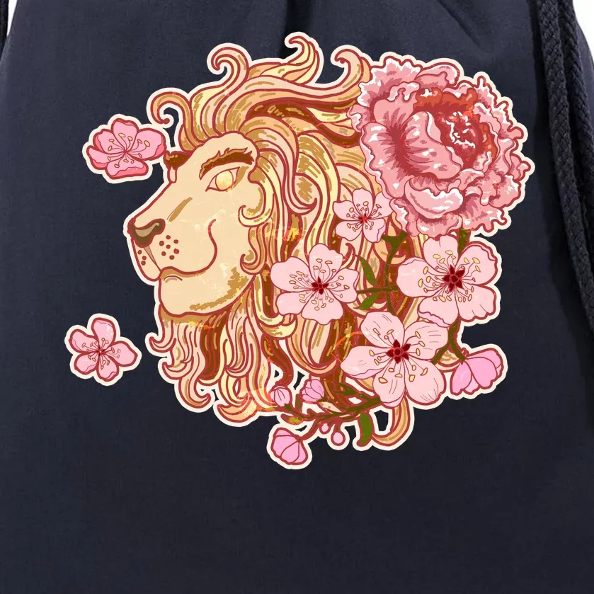 Zodiac Leo Lion with Japanese Cherry Blossoms Drawstring Bag