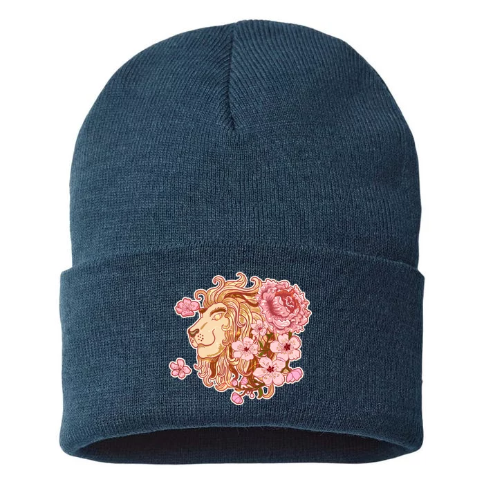 Zodiac Leo Lion with Japanese Cherry Blossoms Sustainable Knit Beanie