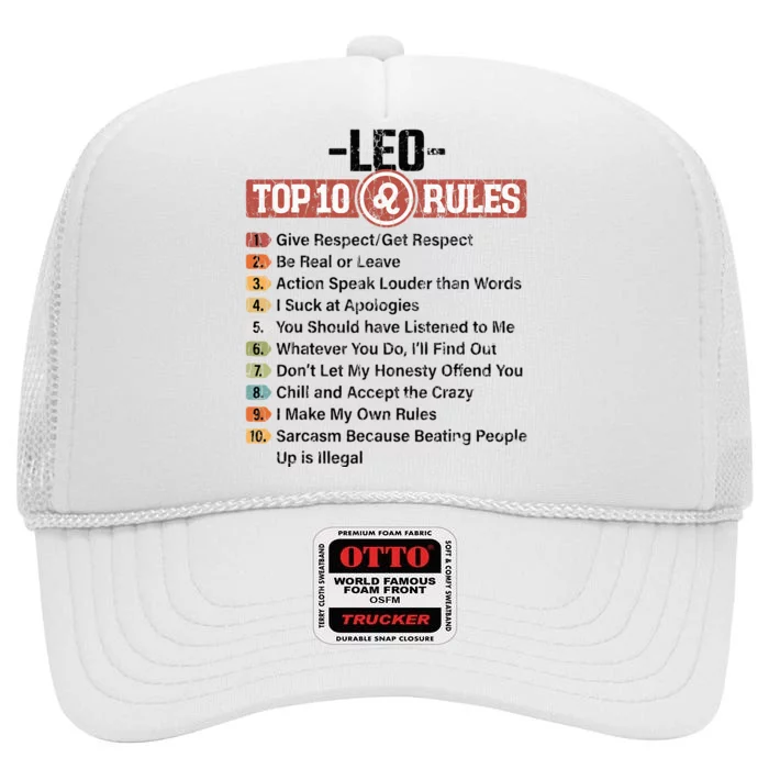 Zodiac Sign Funny Top 10 Rules Of Leo Graphic High Crown Mesh Trucker Hat