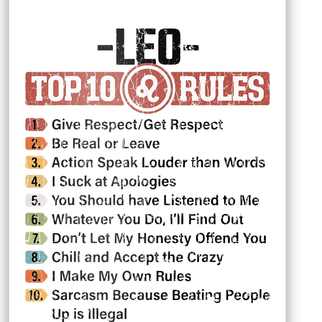 Zodiac Sign Funny Top 10 Rules Of Leo Graphic Poster