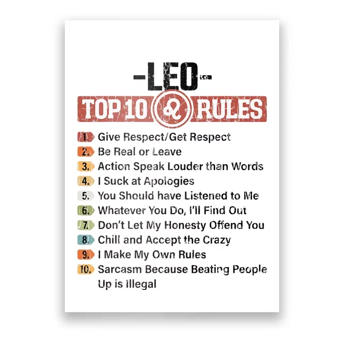 Zodiac Sign Funny Top 10 Rules Of Leo Graphic Poster