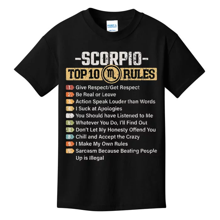 Zodiac Sign Funny Top 10 Rules Of Scorpio Kids T-Shirt