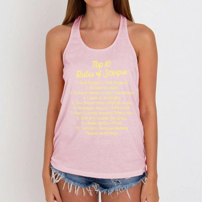 Zodiac Sign Funny Top 10 Rules Of Scorpio Gift Women's Knotted Racerback Tank