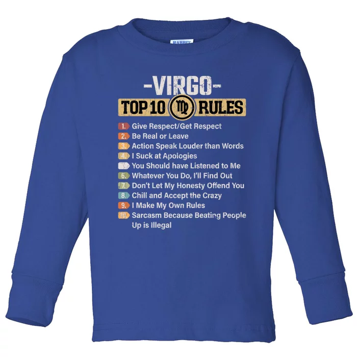 Zodiac Sign Funny Top 10 Rules Of Virgo Graphic Gift Toddler Long Sleeve Shirt