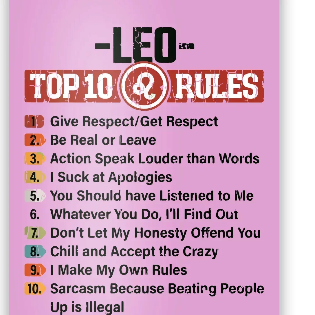 Zodiac Sign Funny Top 10 Rules Of Leo Graphic Poster