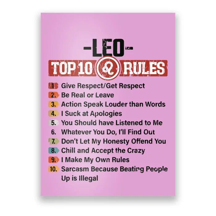 Zodiac Sign Funny Top 10 Rules Of Leo Graphic Poster