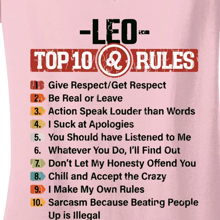 Zodiac Sign Funny Top 10 Rules Of Leo Graphic Women's V-Neck T-Shirt