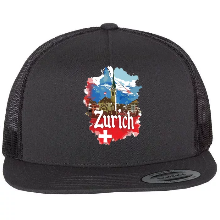 Zurich Switzerland Swiss Flag City Souvenir Flat Bill Trucker Hat