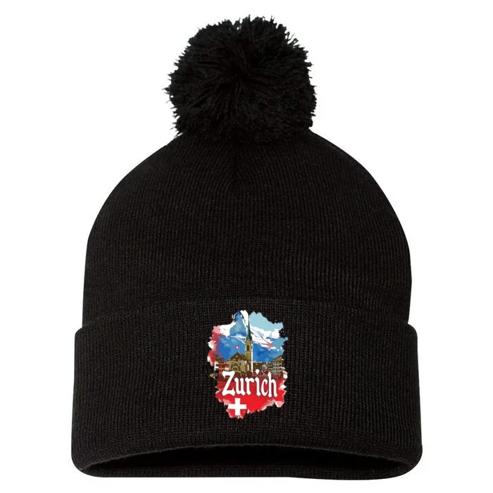 Zurich Switzerland Swiss Flag City Souvenir Pom Pom 12in Knit Beanie