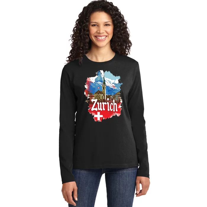 Zurich Switzerland Swiss Flag City Souvenir Ladies Long Sleeve Shirt