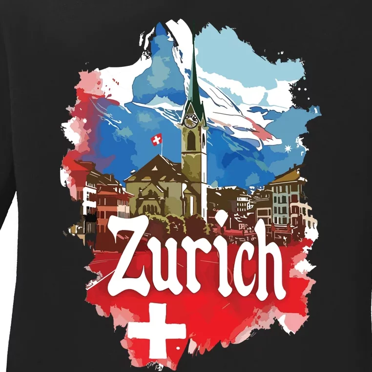 Zurich Switzerland Swiss Flag City Souvenir Ladies Long Sleeve Shirt