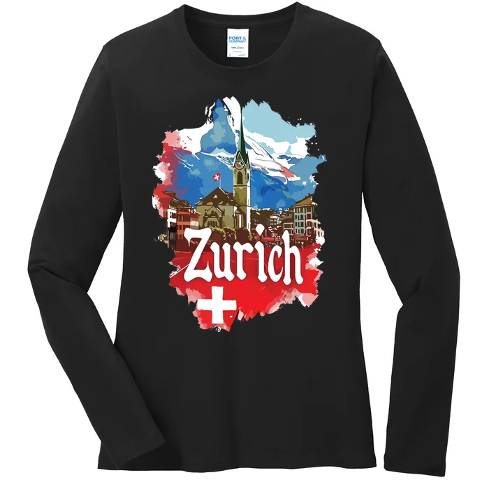 Zurich Switzerland Swiss Flag City Souvenir Ladies Long Sleeve Shirt