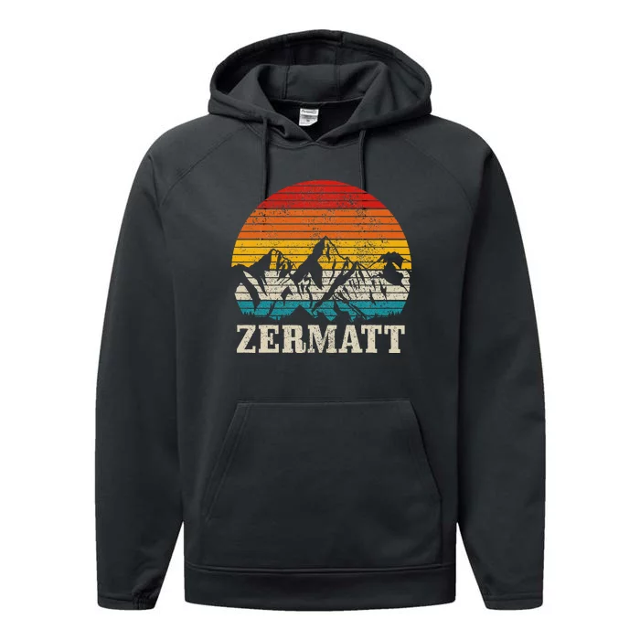 Zermatt Switzerland Vintage Mountains Alps Swiss Souvenir Performance Fleece Hoodie