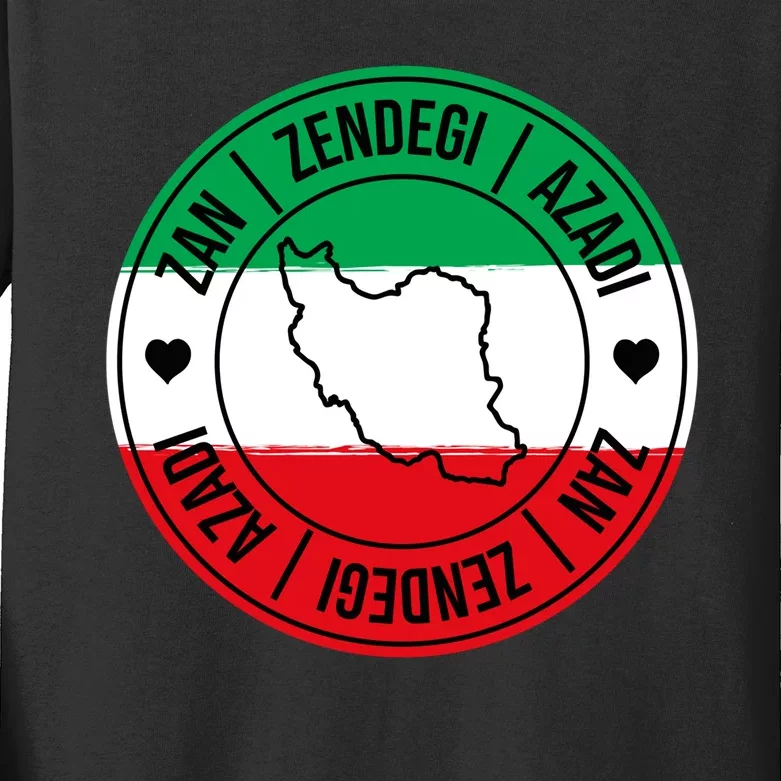 Zan Zendegi Azadi | Iran Flag Love Freedom Heart | Free Iran Kids Long Sleeve Shirt