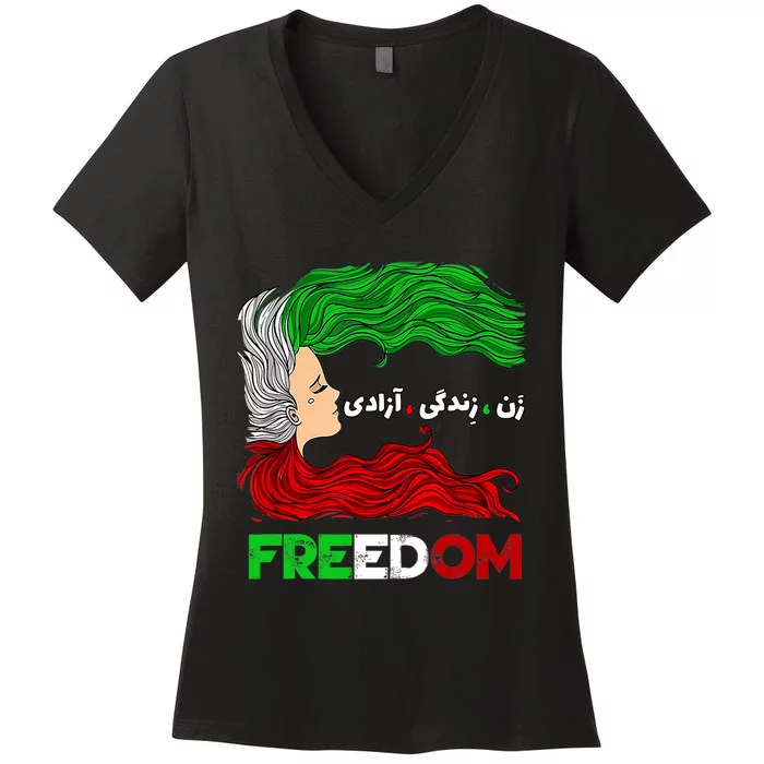 Zan Zendegi Azadi Iran Persian Woman Life Hair Freedom White Women's V-Neck T-Shirt